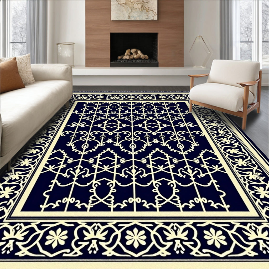 Royal navy cream ornate floral gate Rug
