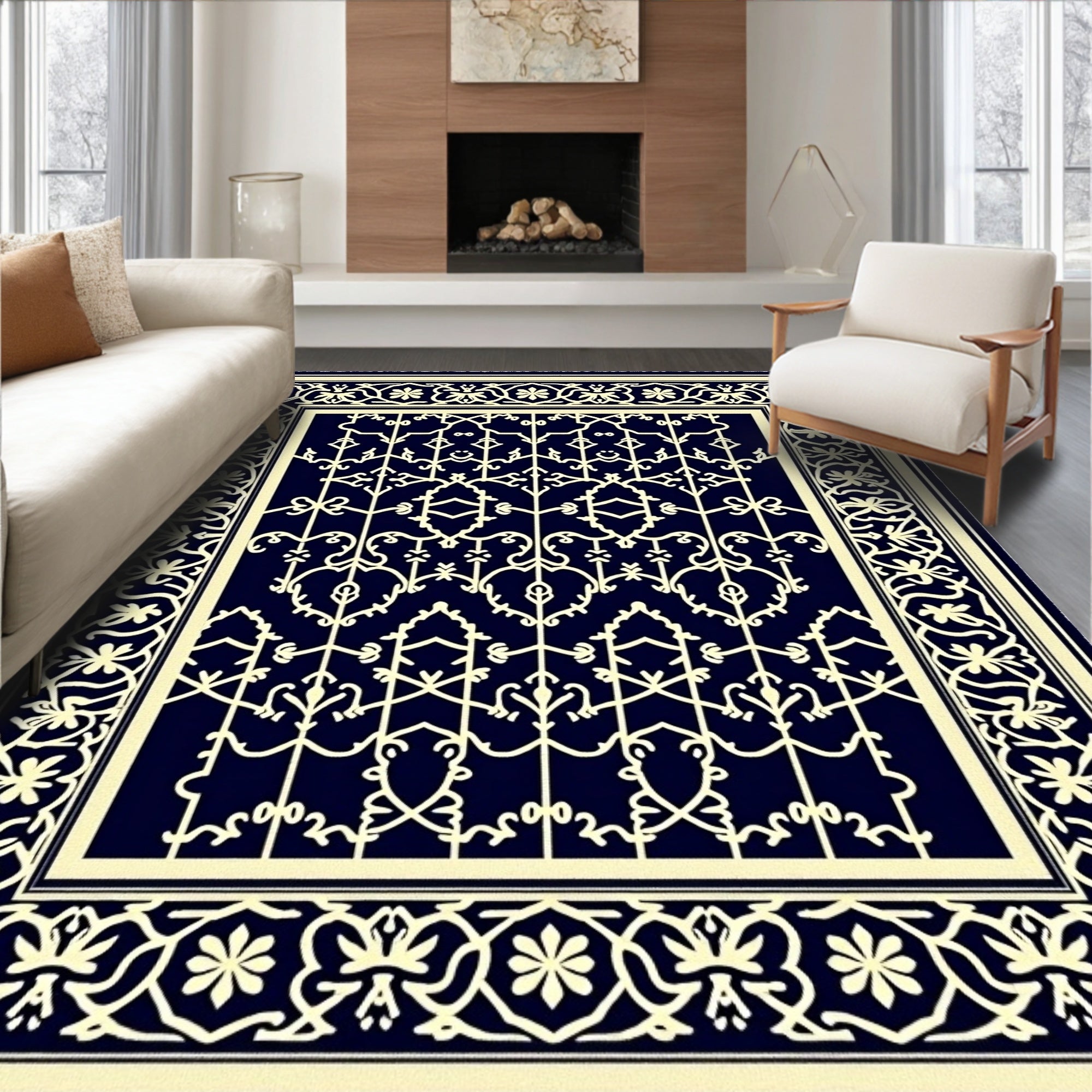 Royal navy cream ornate floral gate Rug