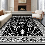 Black White Intricate Scroll Work Rug