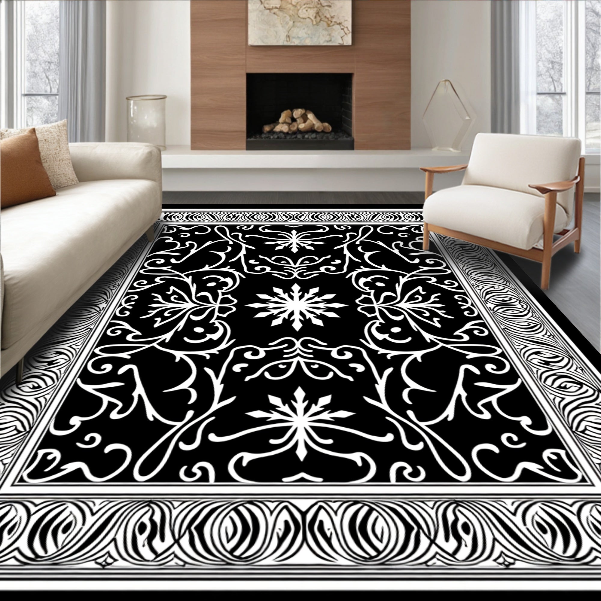 Black White Intricate Scroll Work Rug