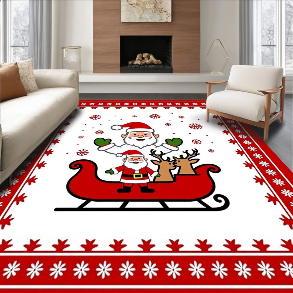 Festive Red Santa Sleigh Snowflakes Rug