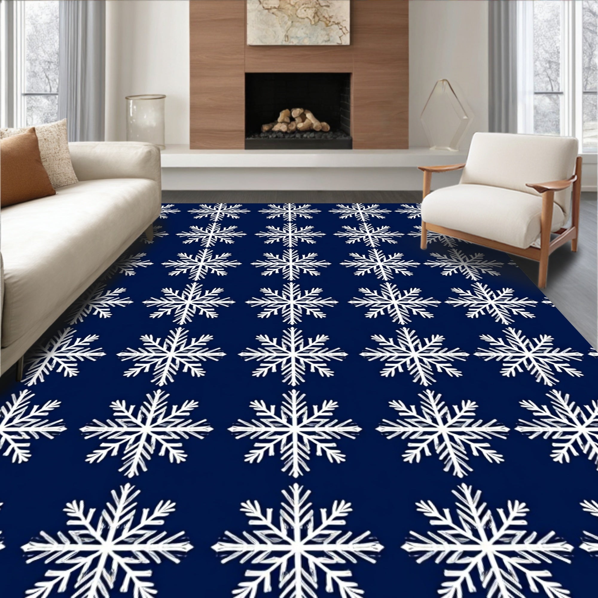 White Snowflakes on Navy Blue Background Rug