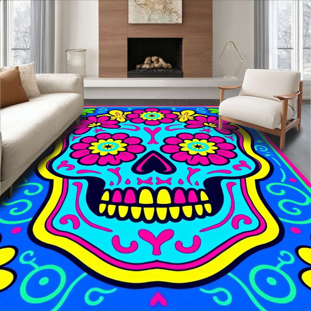 Vibrant Cyan Floral Skull Art Rug