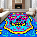 Vibrant Cyan Floral Skull Art Rug