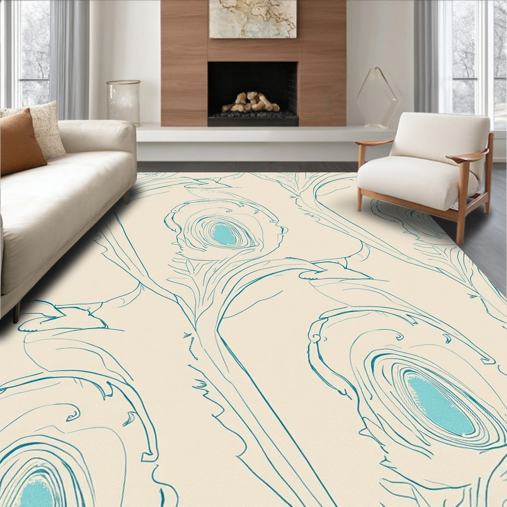Elegant Teal Peacock Feather Outline Rug