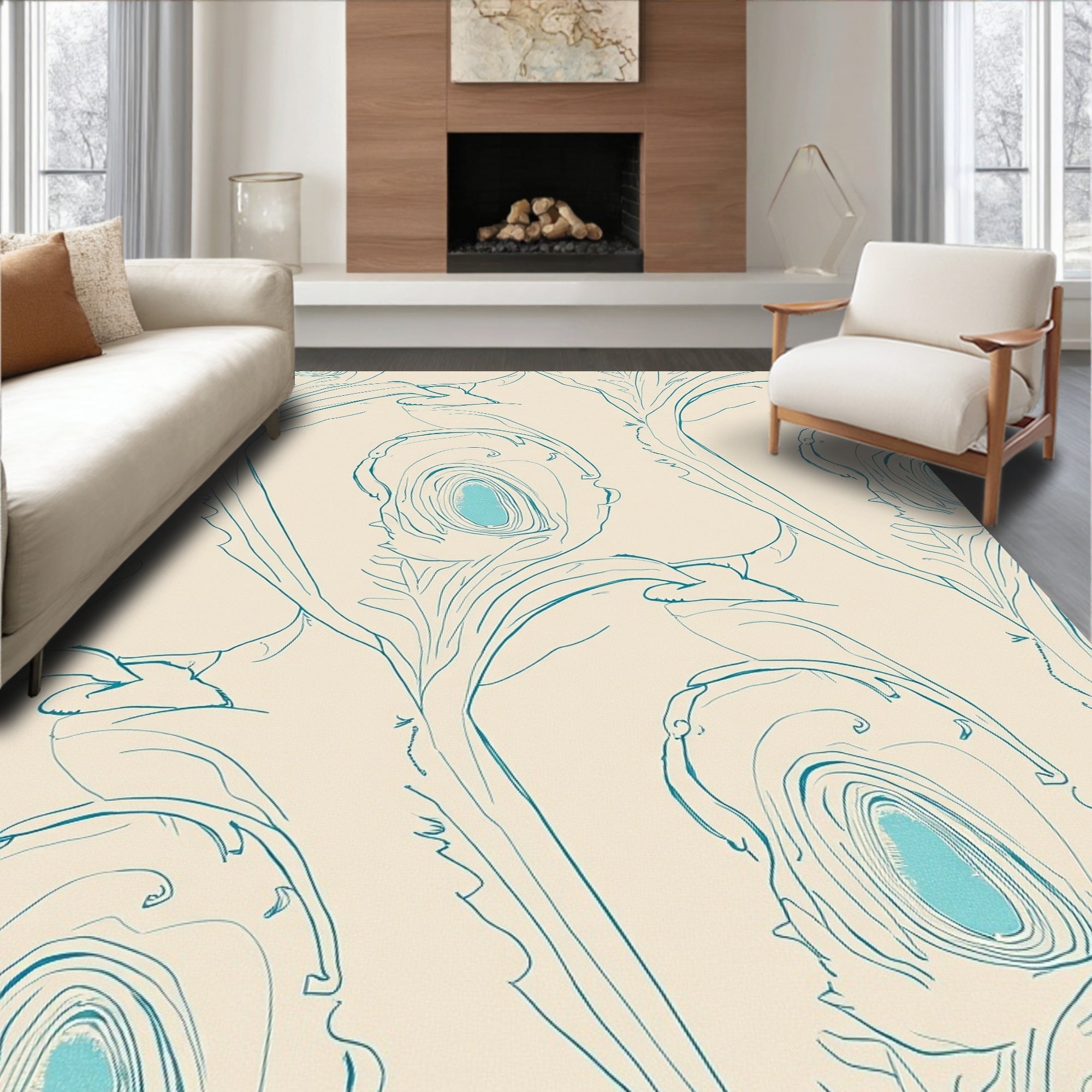 Elegant Teal Peacock Feather Outline Rug