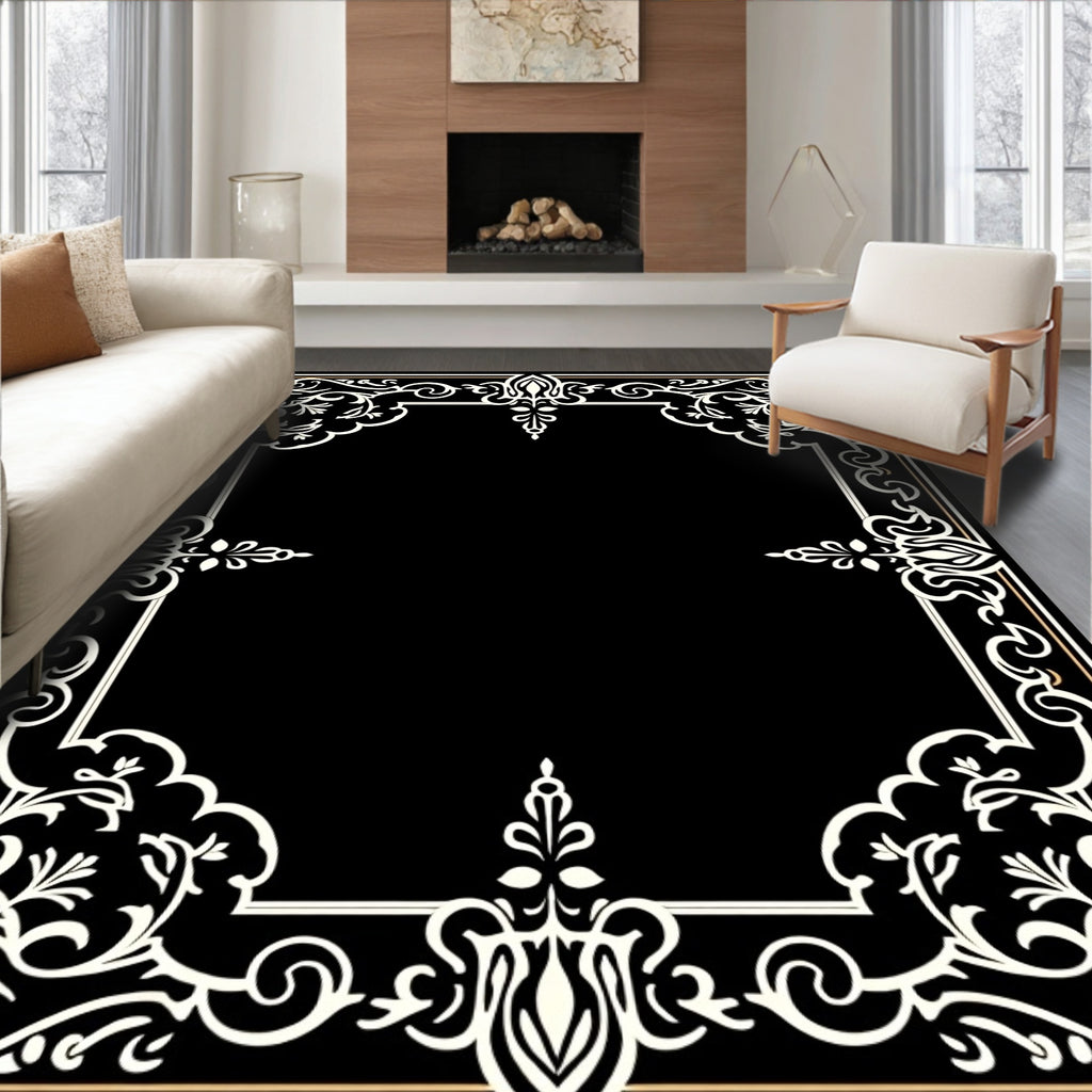 Elegant Black White Floral Border Rug
