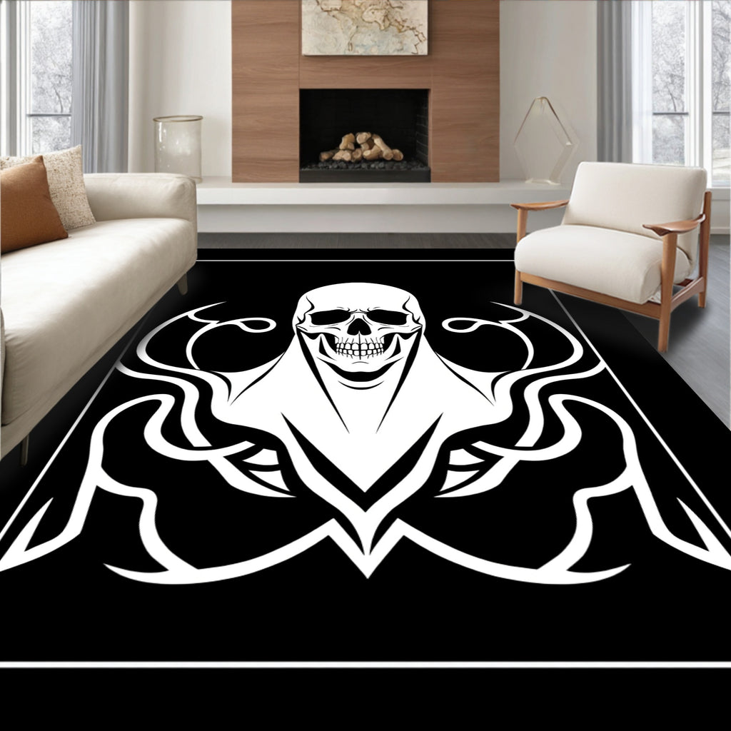 Bold Black White Skull Tribal Swirls Rug