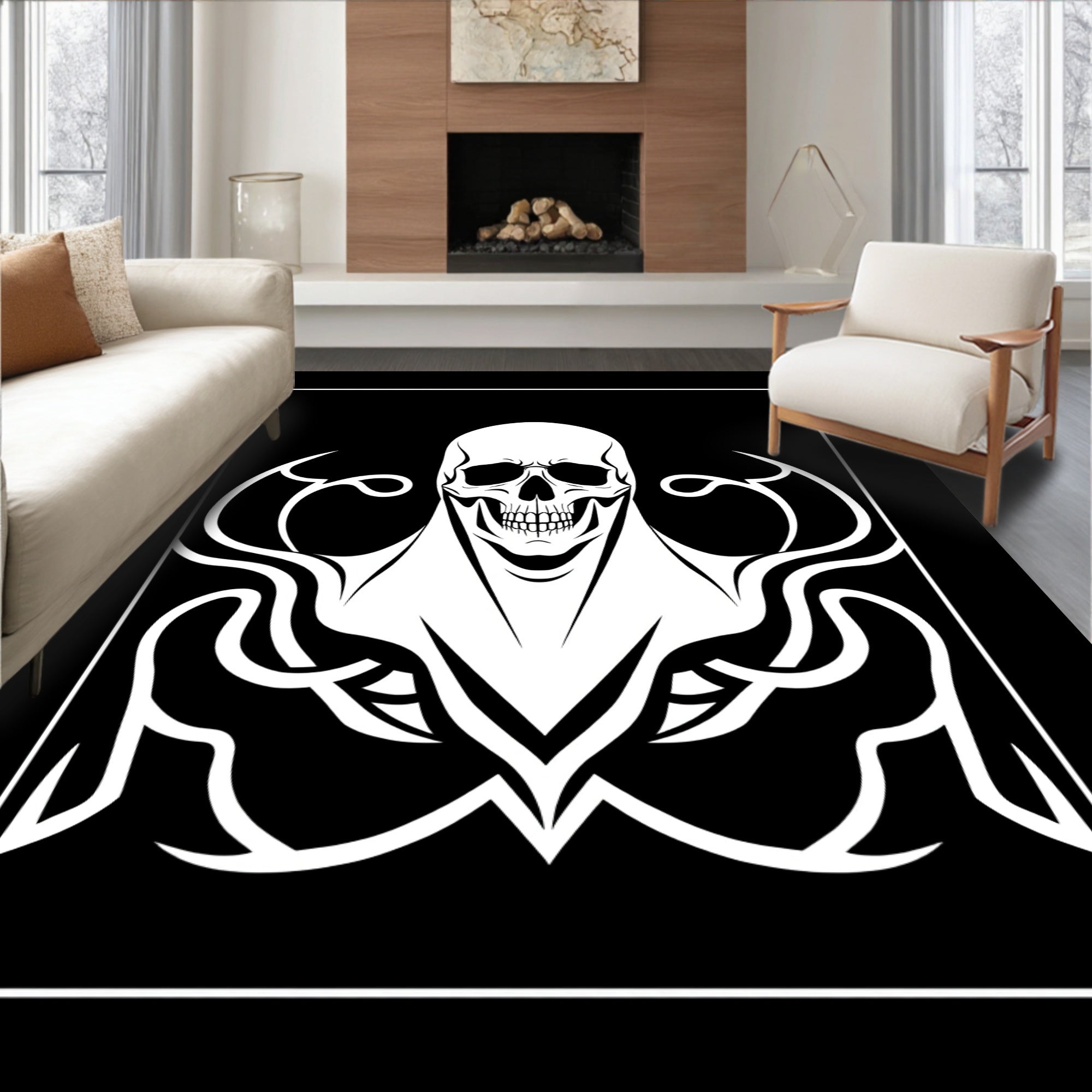 Bold Black White Skull Tribal Swirls Rug