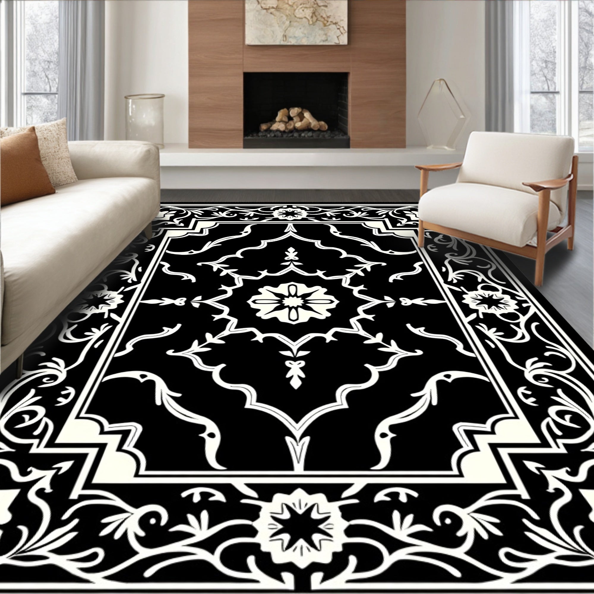 Classic Black White Floral Medallion Border Rug