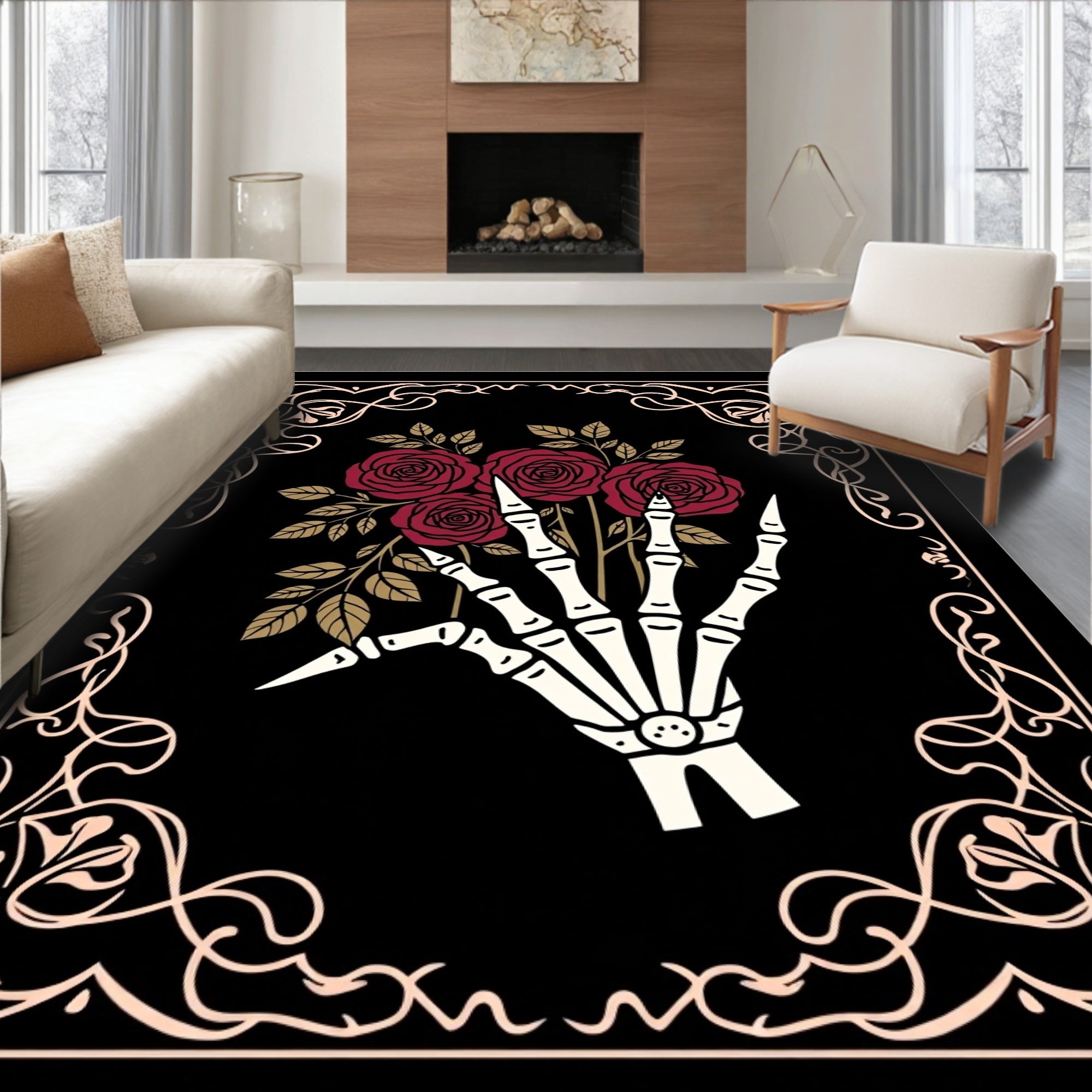 Dark Red Roses Skeleton Hand Frame Rug