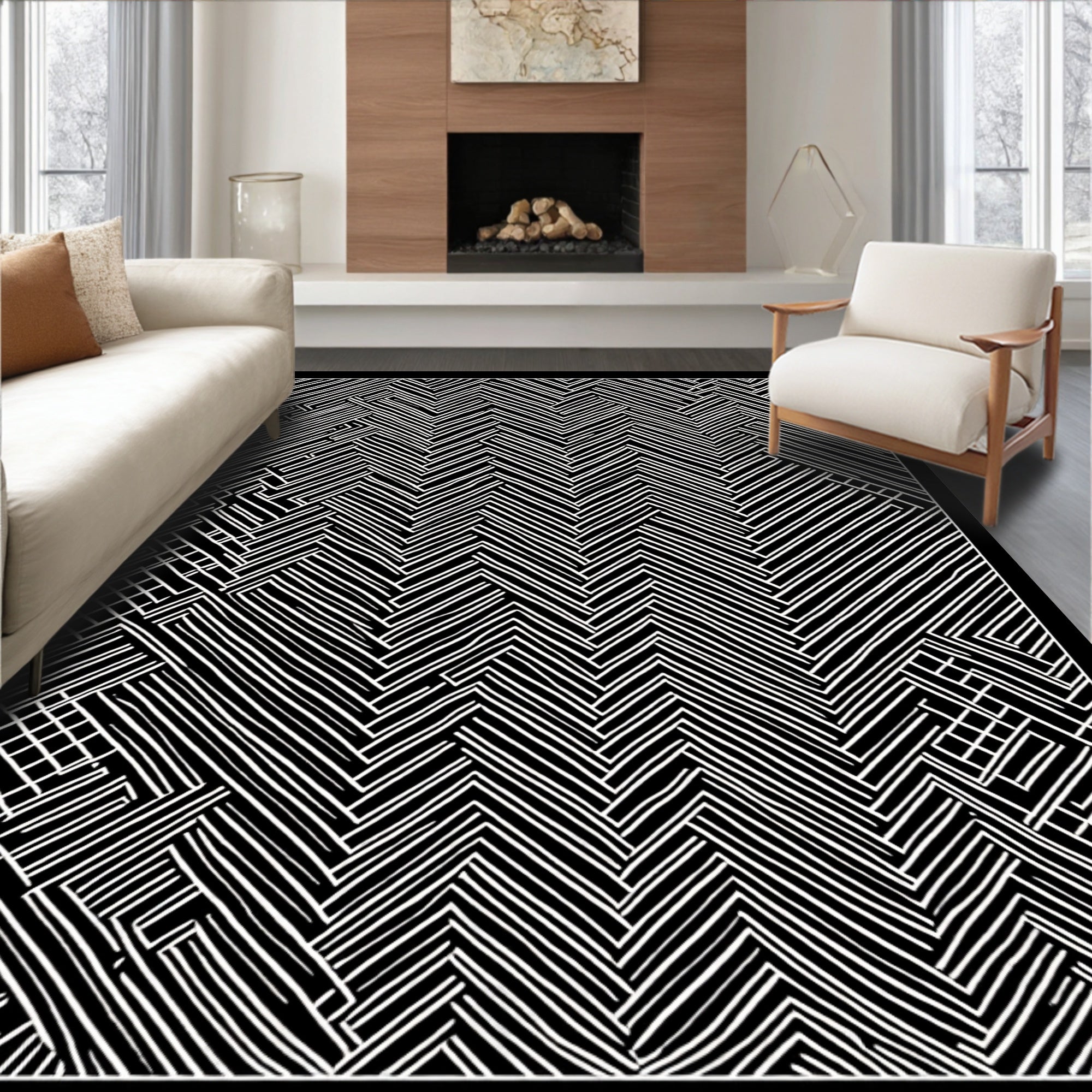 Modern Black White Chevron Line Rug