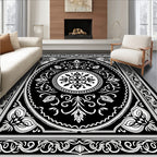 Ornate White Black Floral Oval Rug