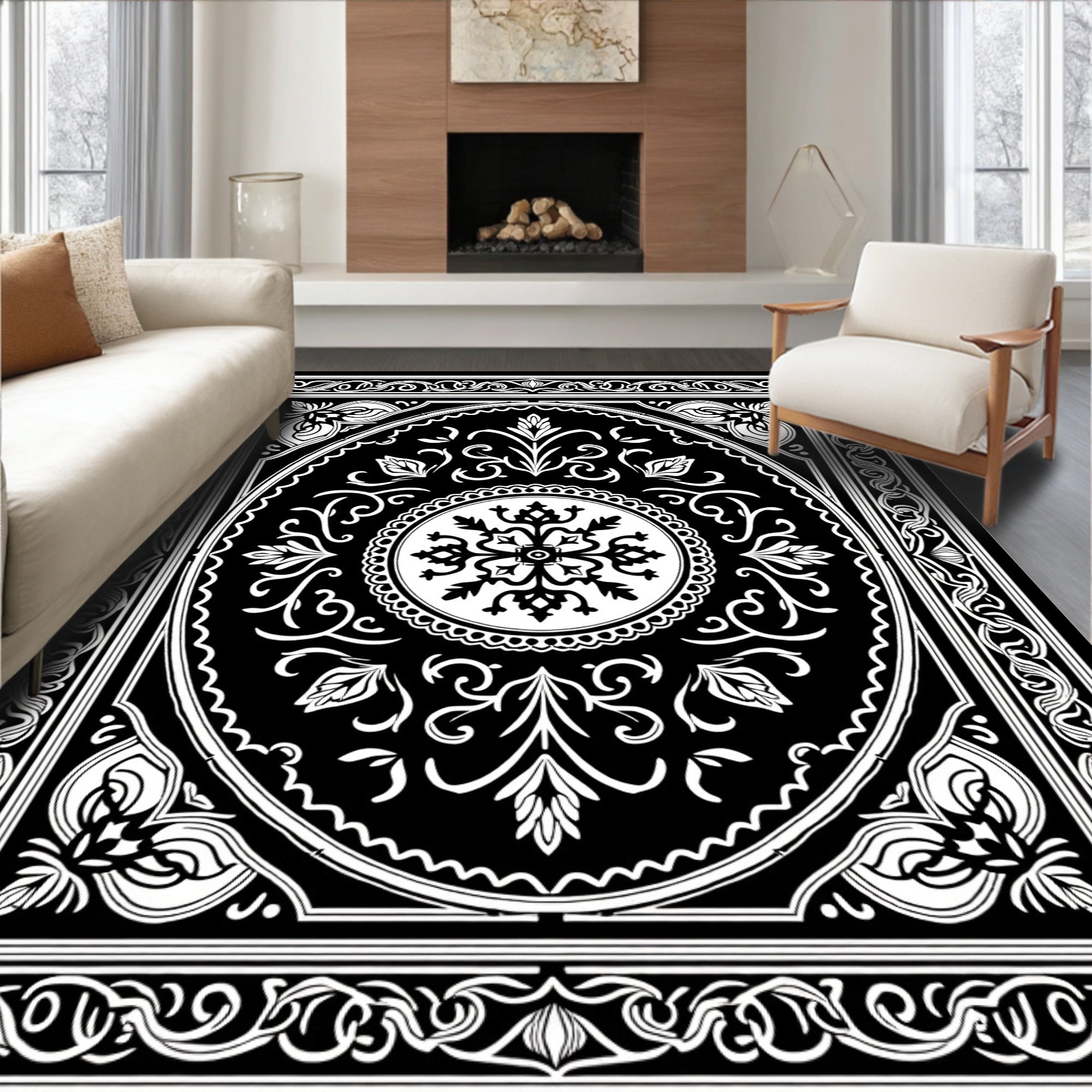 Ornate White Black Floral Oval Rug