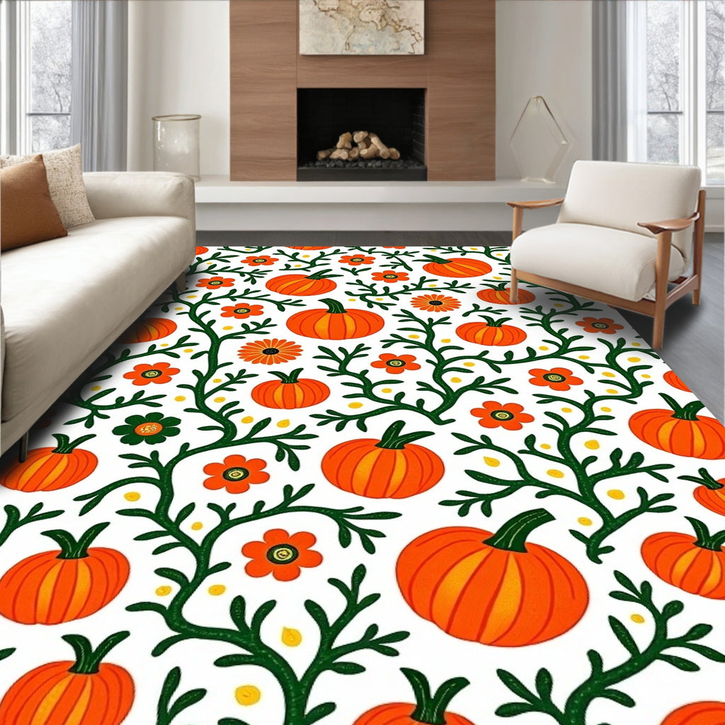 Orange Pumpkin Floral Vine Background Rug