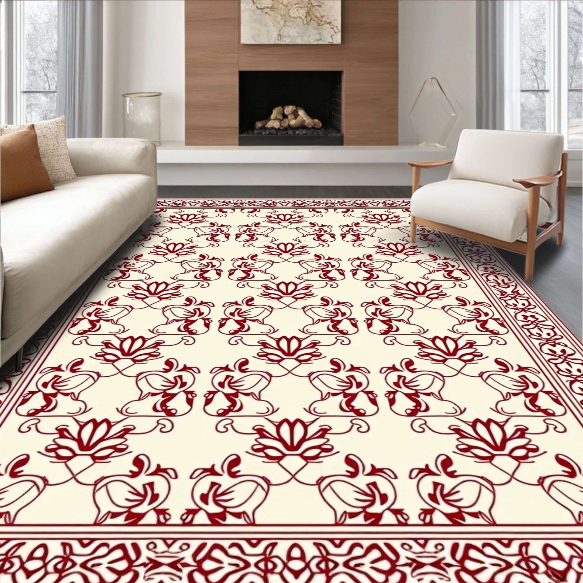 Crimson Floral Bordered Layout Rug