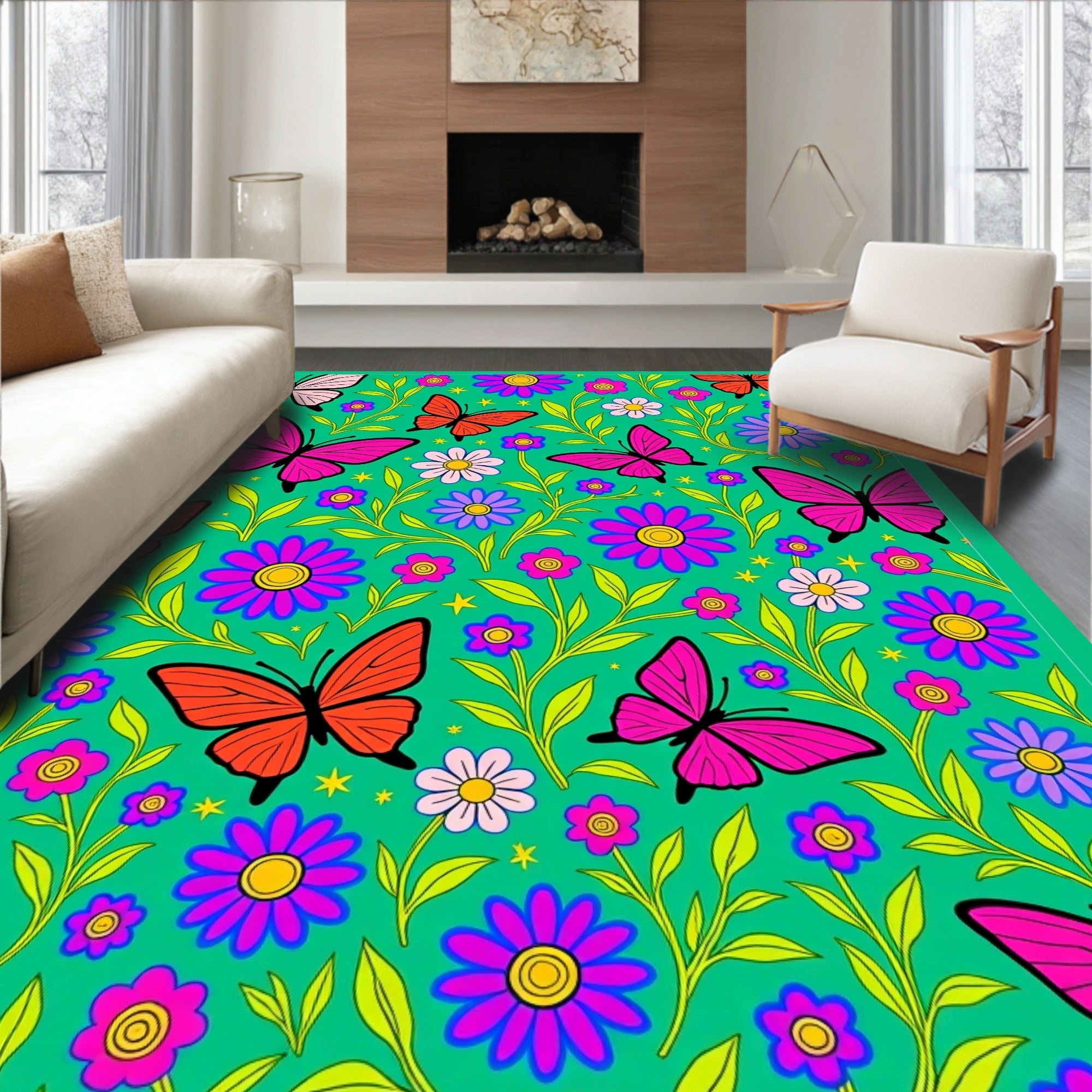 Vivid Pink Orange Butterfly Floral Medley Rug