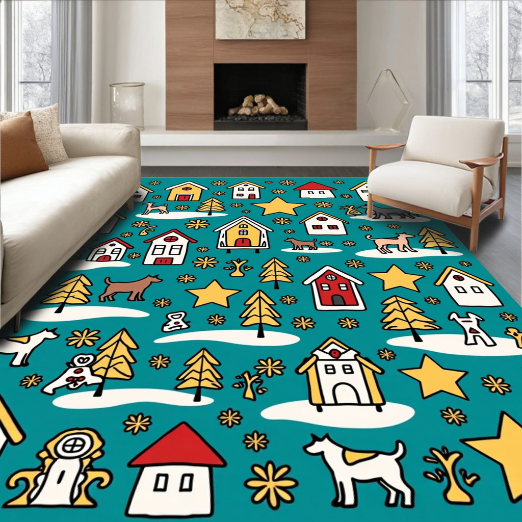 Holiday Village Dog Snowy Star Scene Rug
