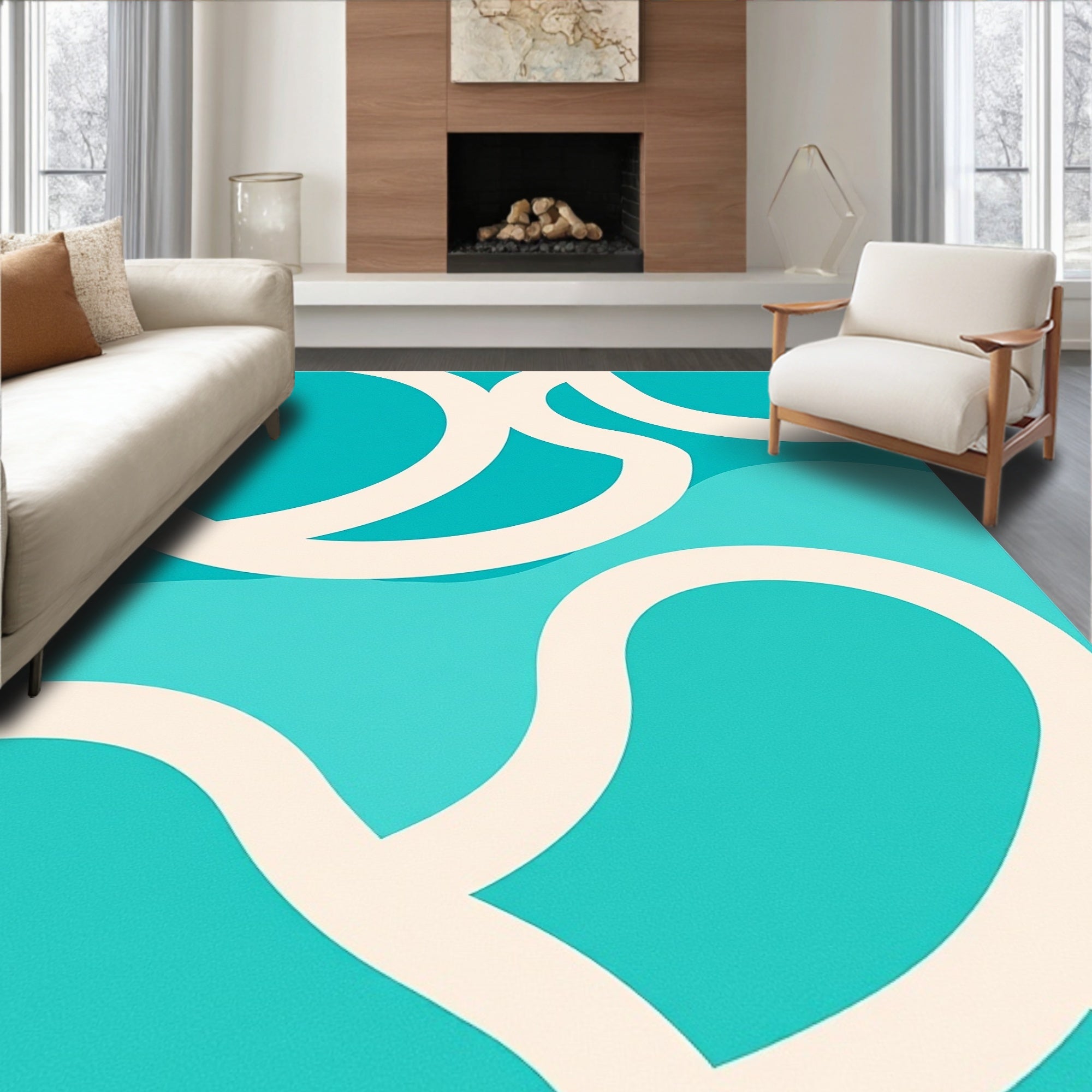 Turquoise Cream Abstract Flowing Lines Rug