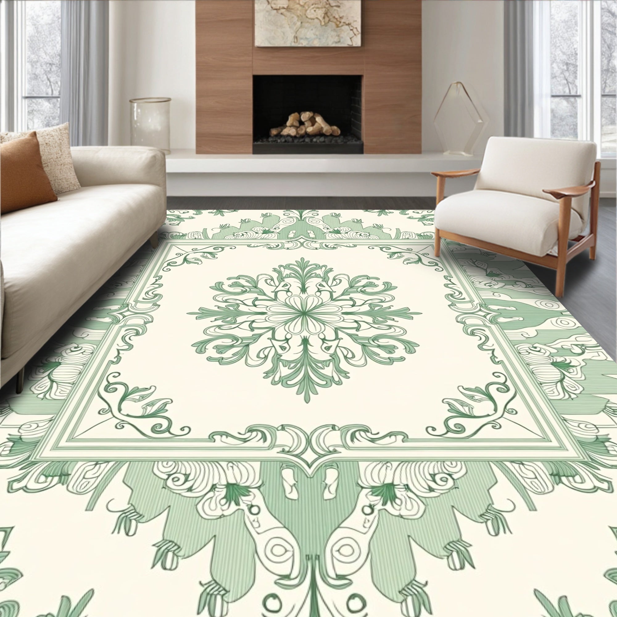 Pale Green Floral Medallion Border Rug