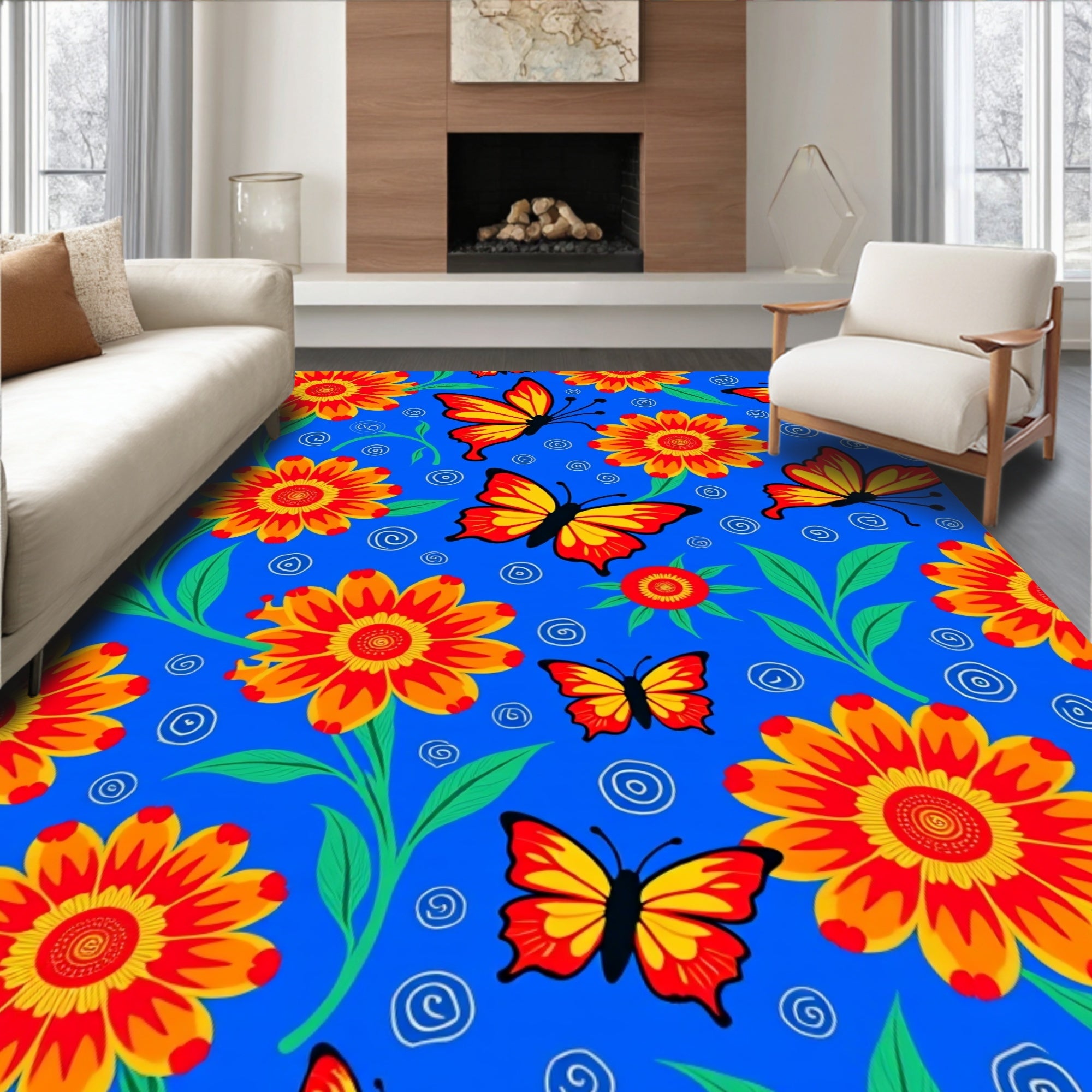 Vibrant Red Yellow Butterfly Flower Garden Rug