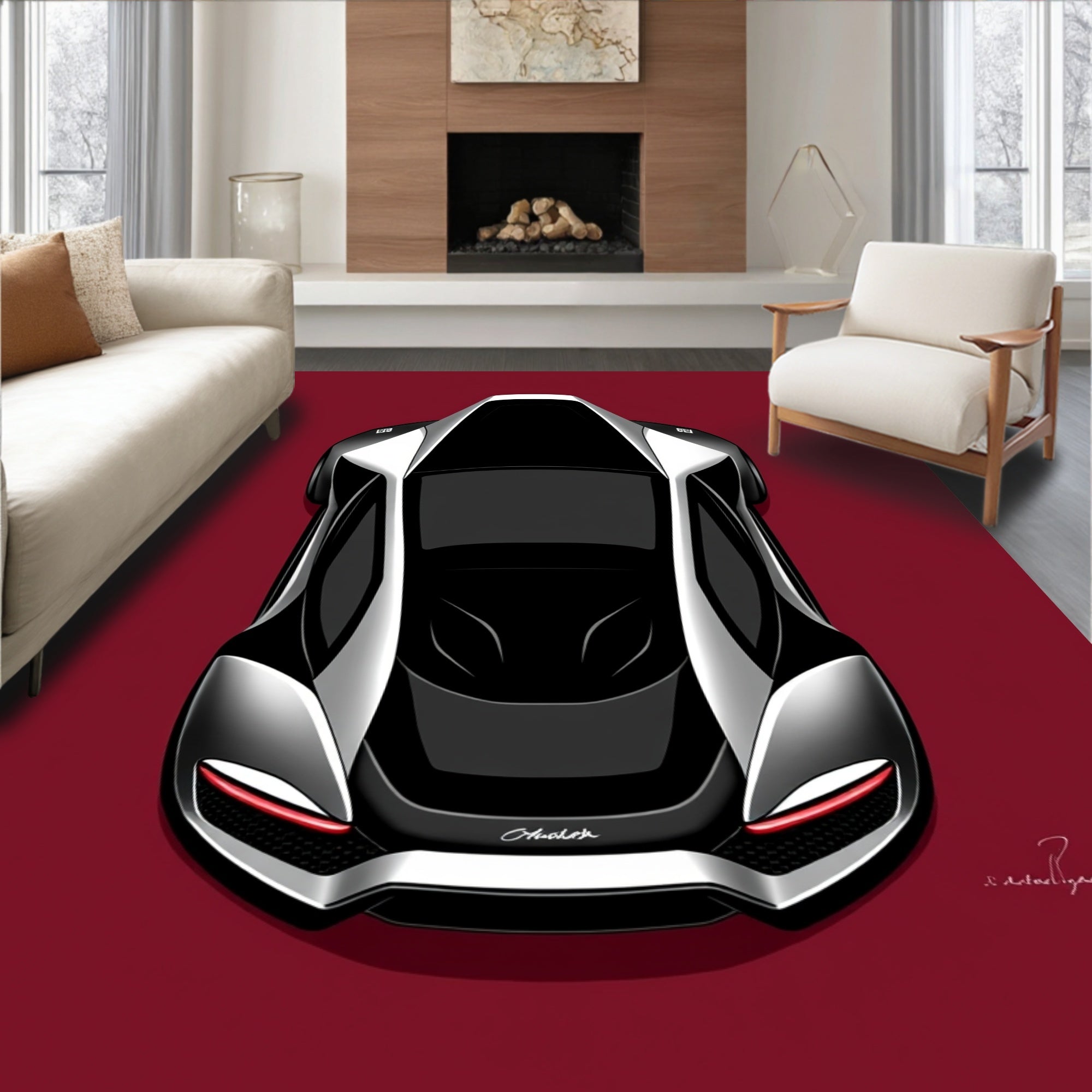 Sleek Black Silver Sportscar Silhouette Rug