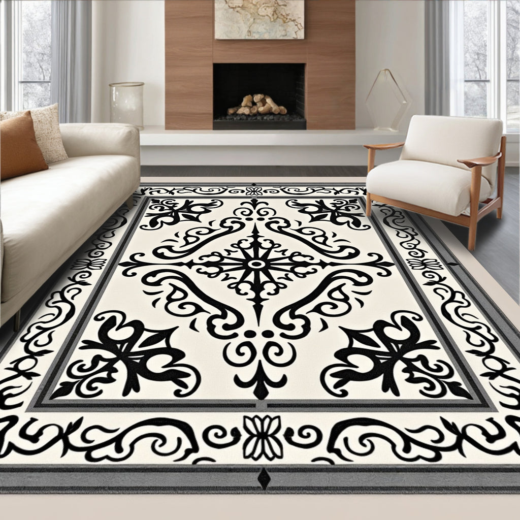 Classic Black White Scroll Medallion Rug