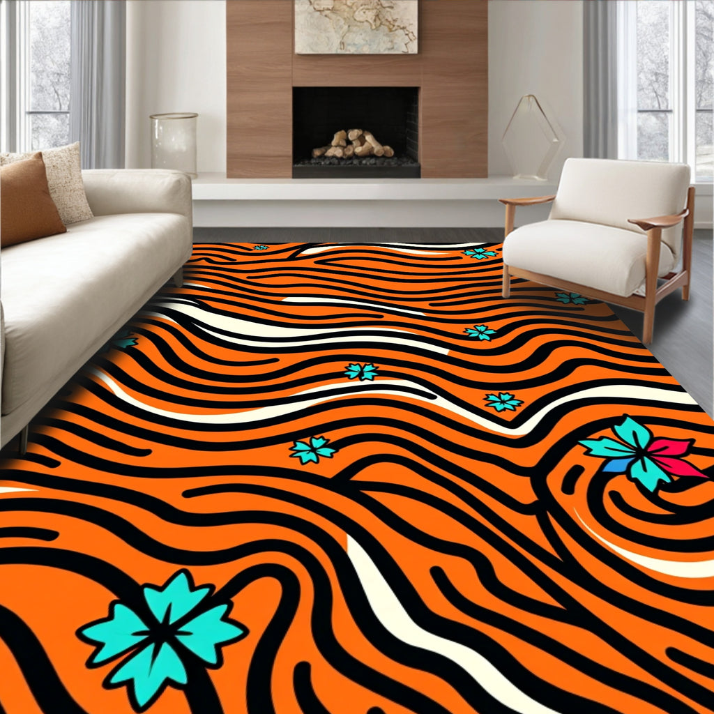 Orange Black Stripe Floral Pop Rug