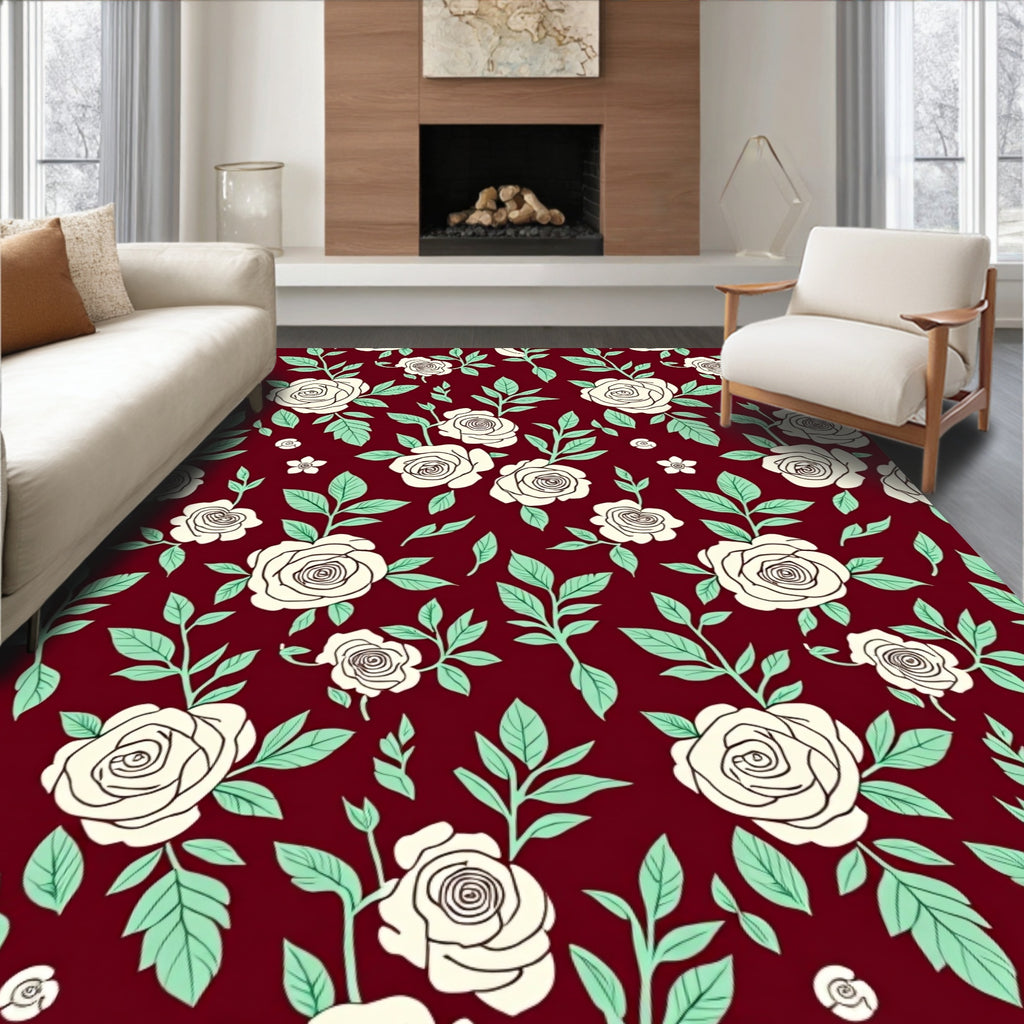 Burgundy Cream Rose Botanical Garden Rug