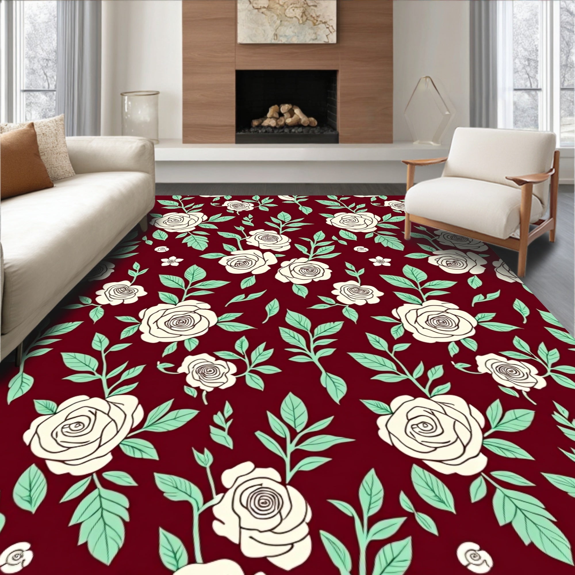 Burgundy Cream Rose Botanical Garden Rug