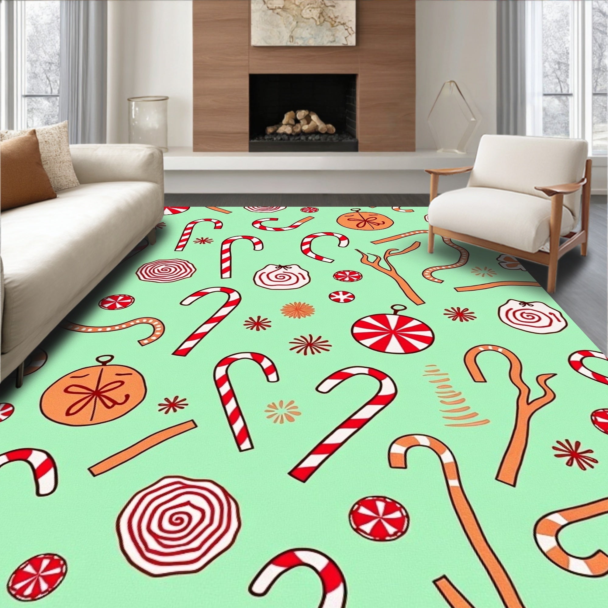 Red White Candy Cane Holiday Scene Rug