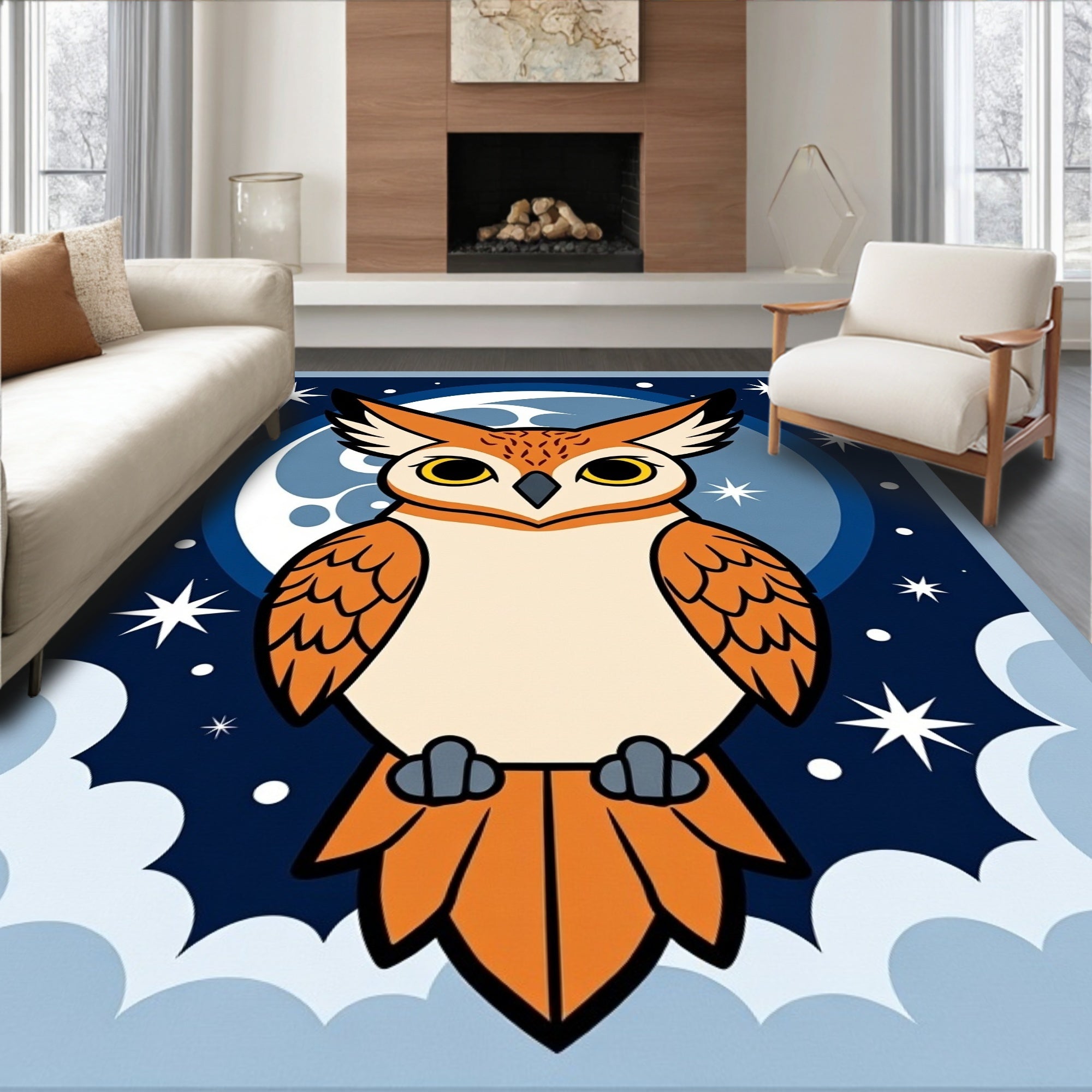 Whimsical Owl on Moonlit Night Sky Rug