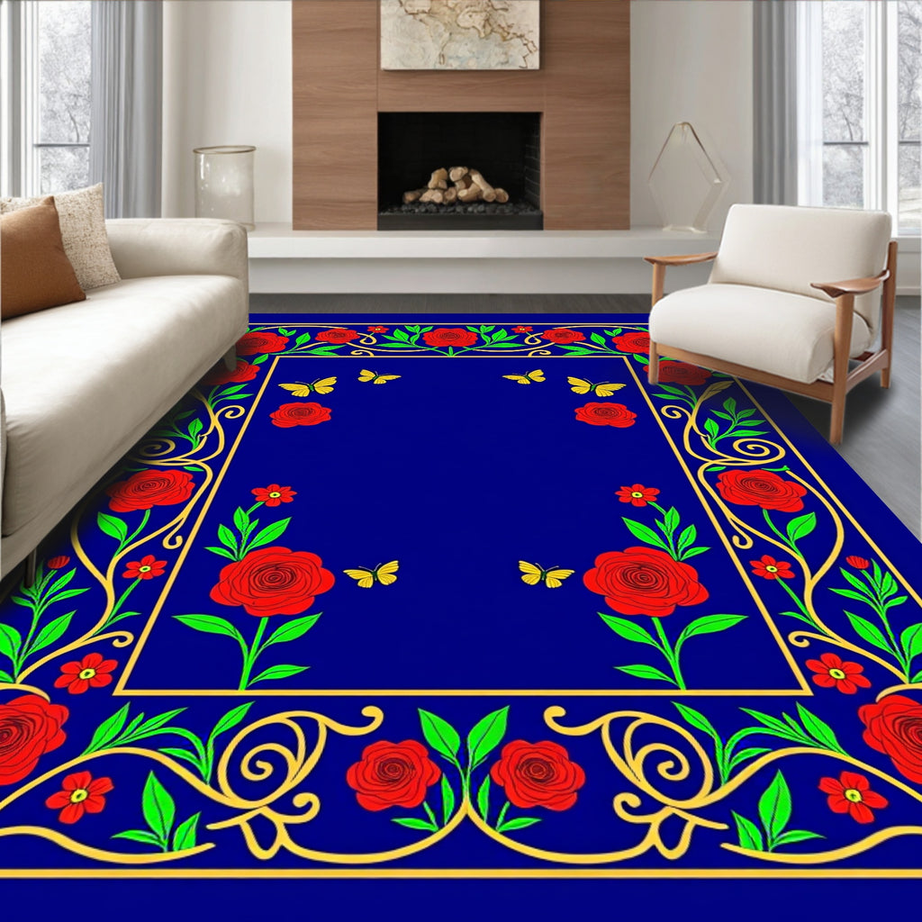 Vibrant Red Rose Butterfly Garden Rug