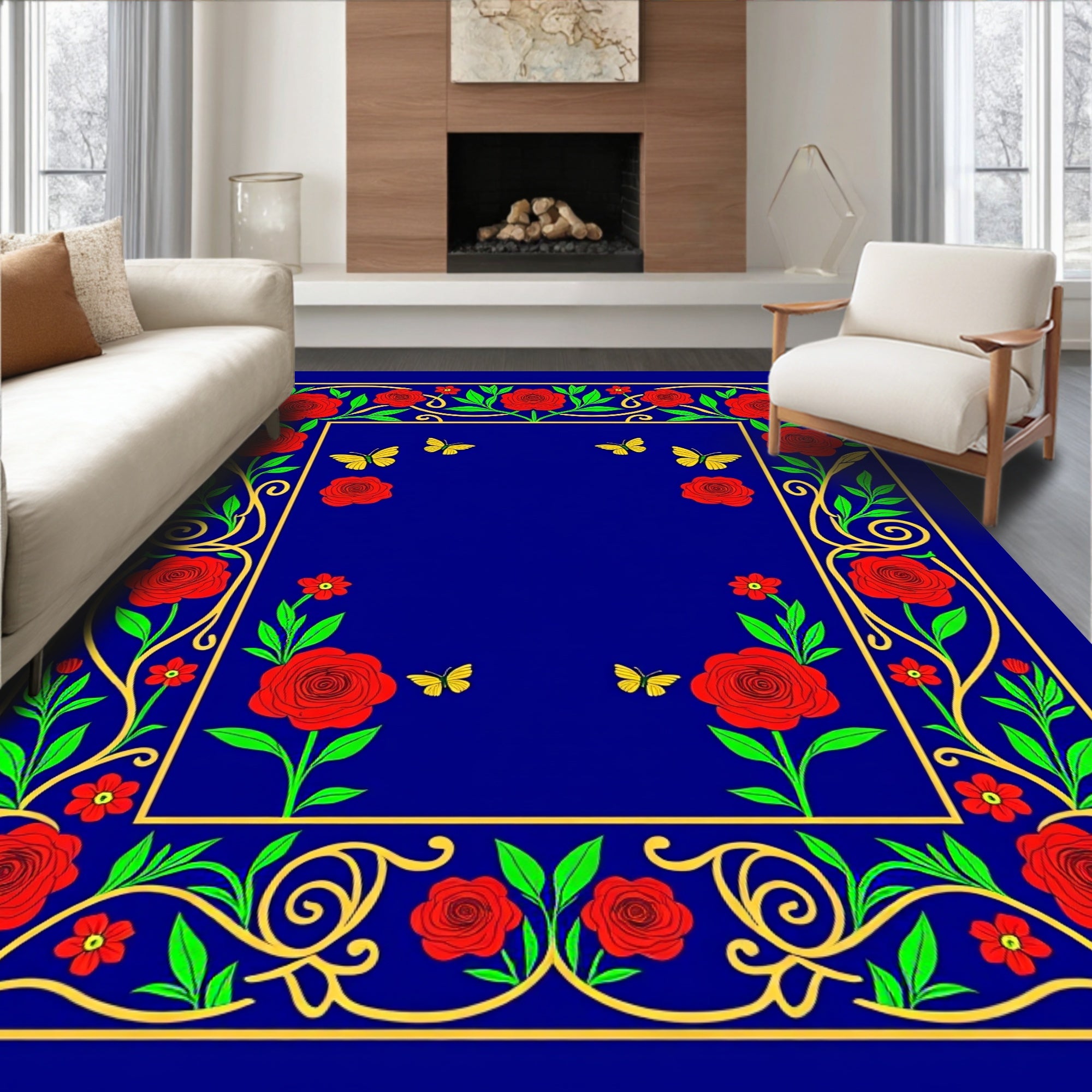 Vibrant Red Rose Butterfly Garden Rug