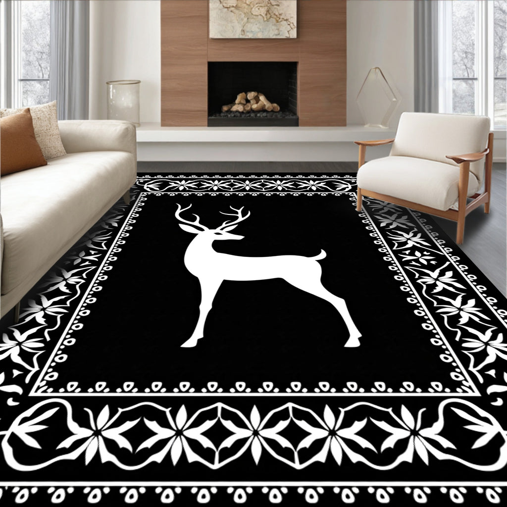 Black White Stag Floral Border Rug