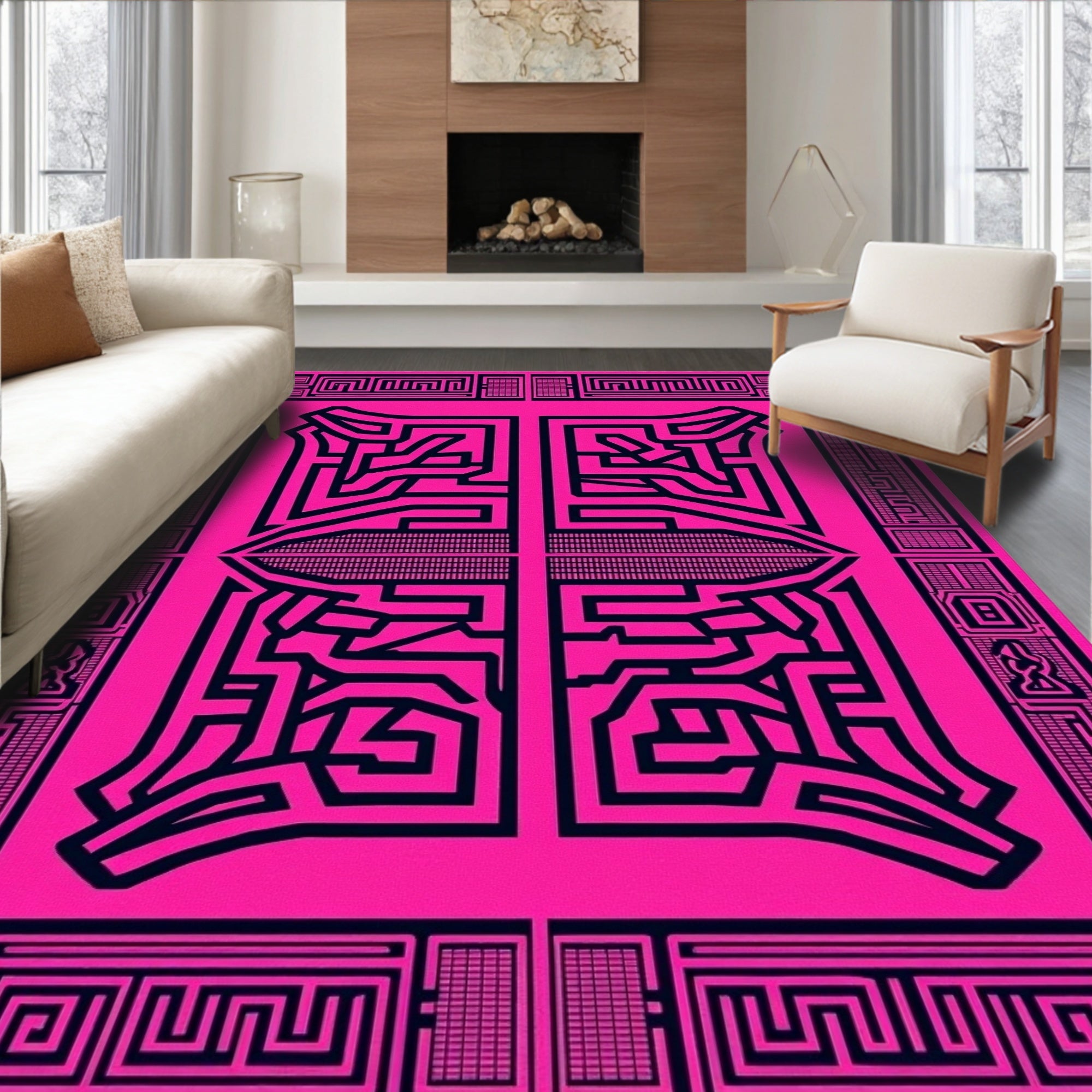 Bold Black Labyrinthine Pink Geometric Rug