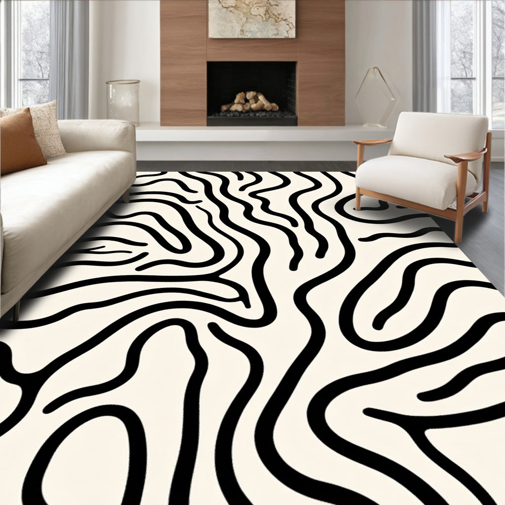Abstract Cream Black Wavy Lines Rug