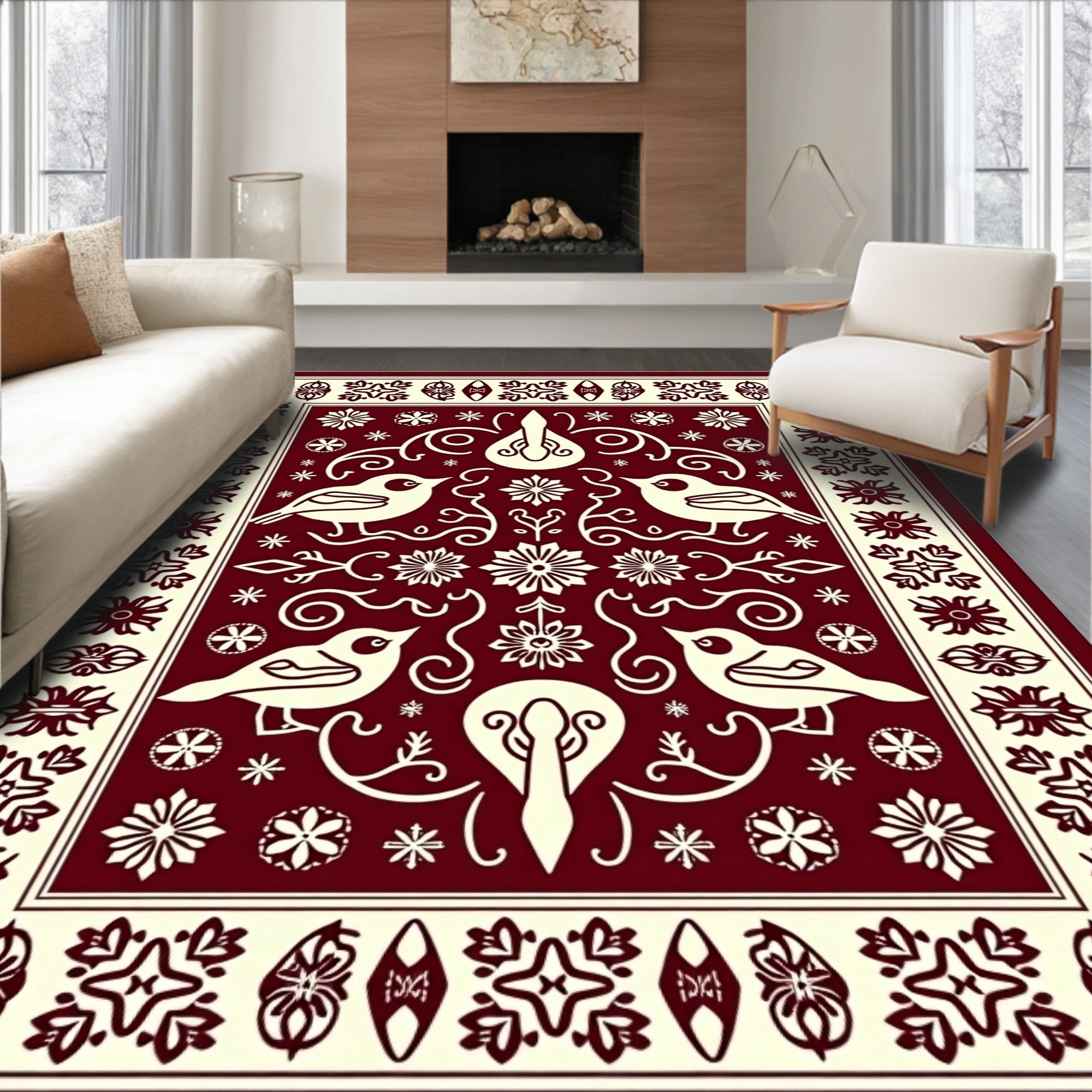 Red Cream Bird Floral Scroll Border Rug