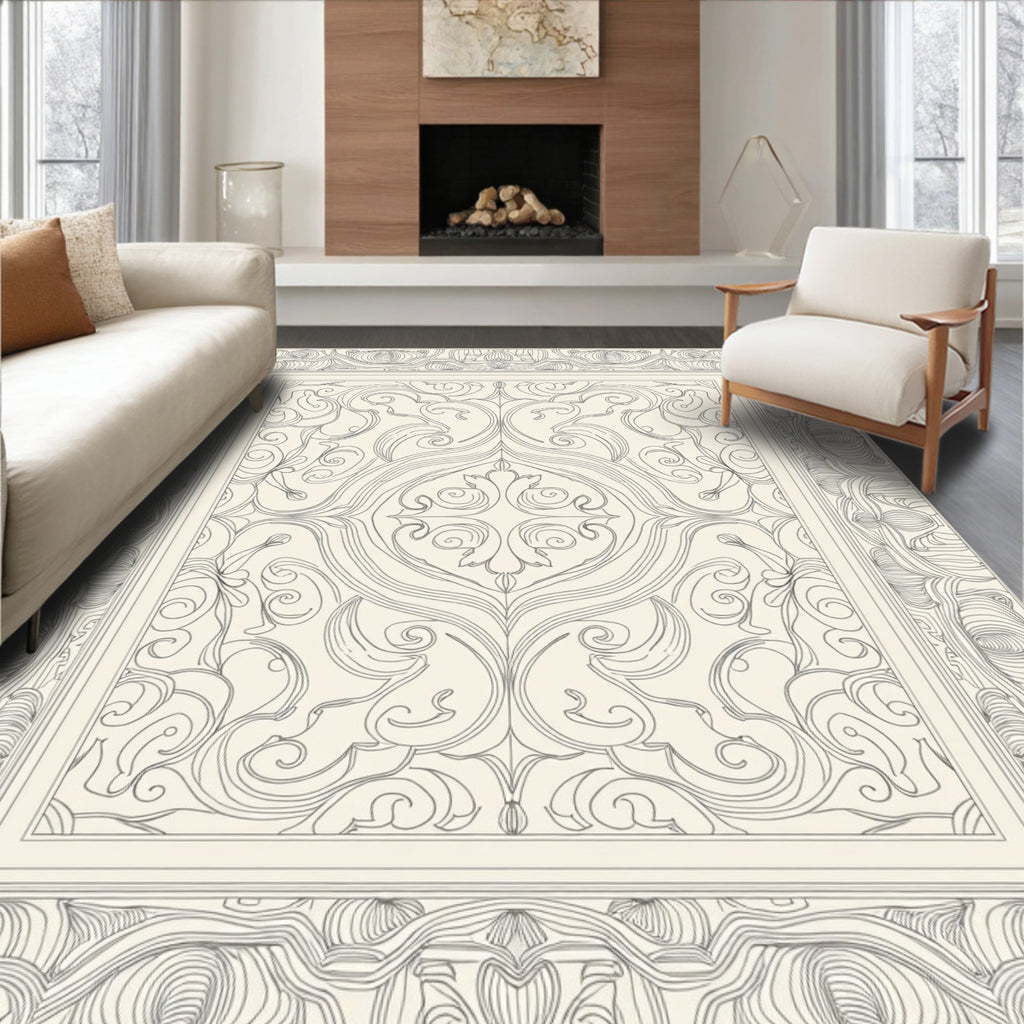 Neutral Cream Filigree Scroll Frame Rug
