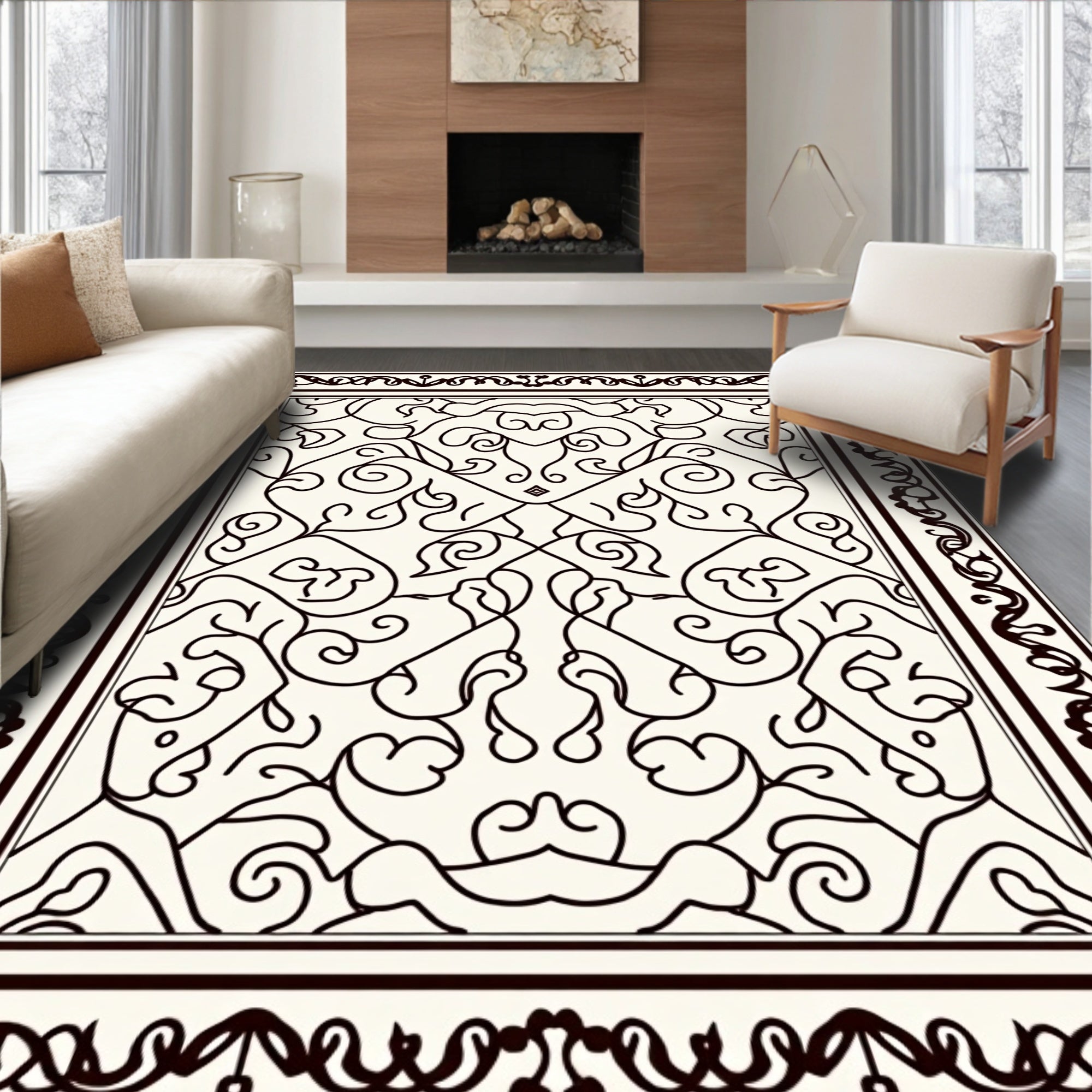 Ornate Ivory Black Scrollwork Medallion Rug