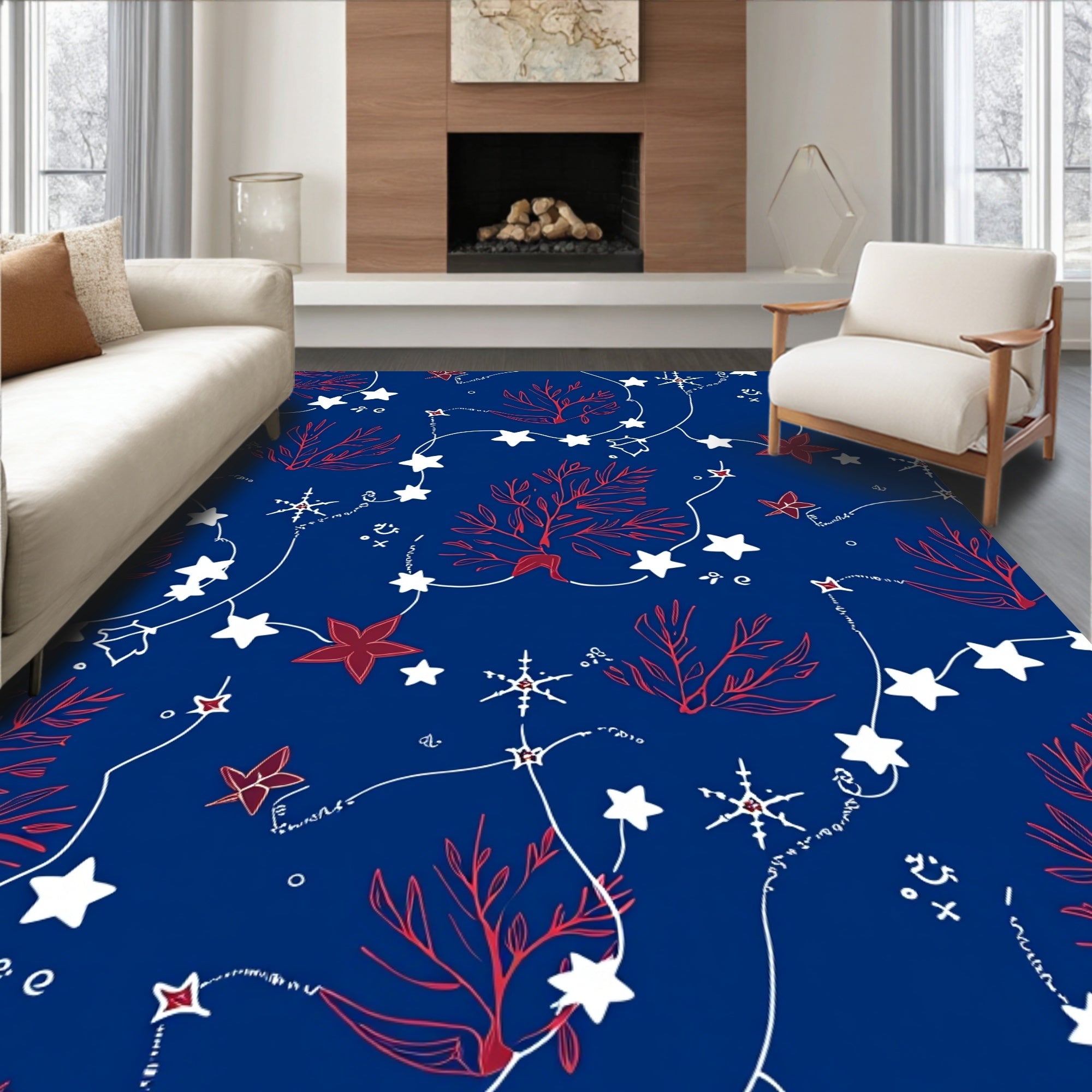Deep Blue Red Star Twinkle Garland Rug