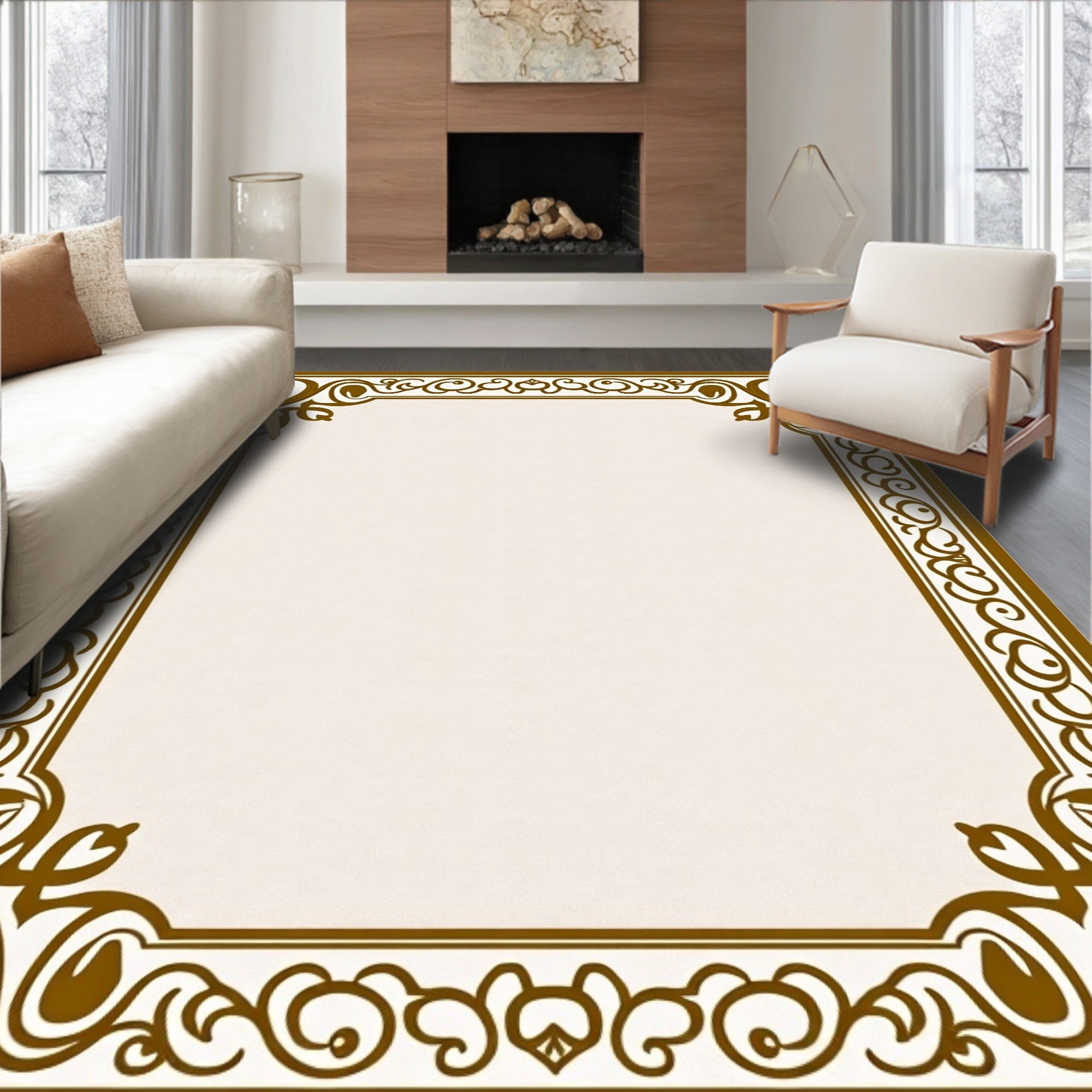 Ornate Brown Scrollwork Border Rug