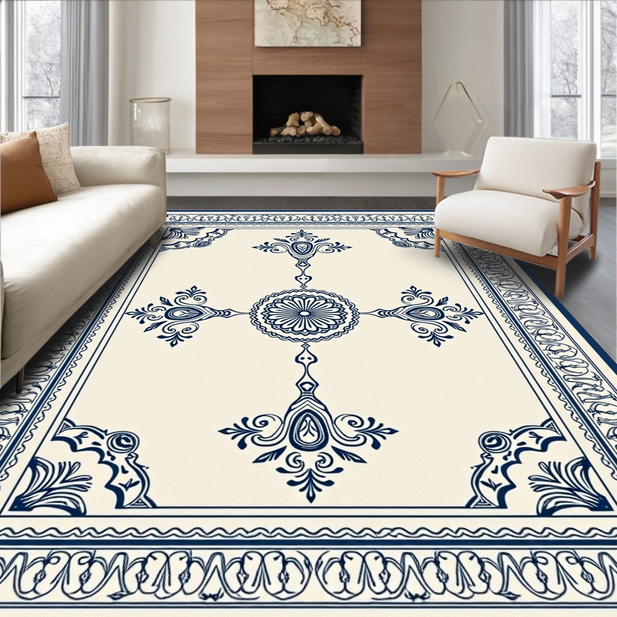 Ornate Blue Cream Classic Medallion Rug