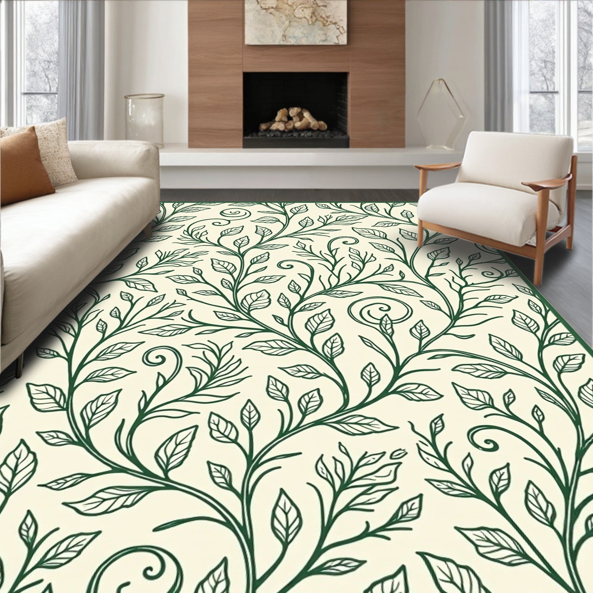Emerald Green Leafy Vine Scrollwork Rug