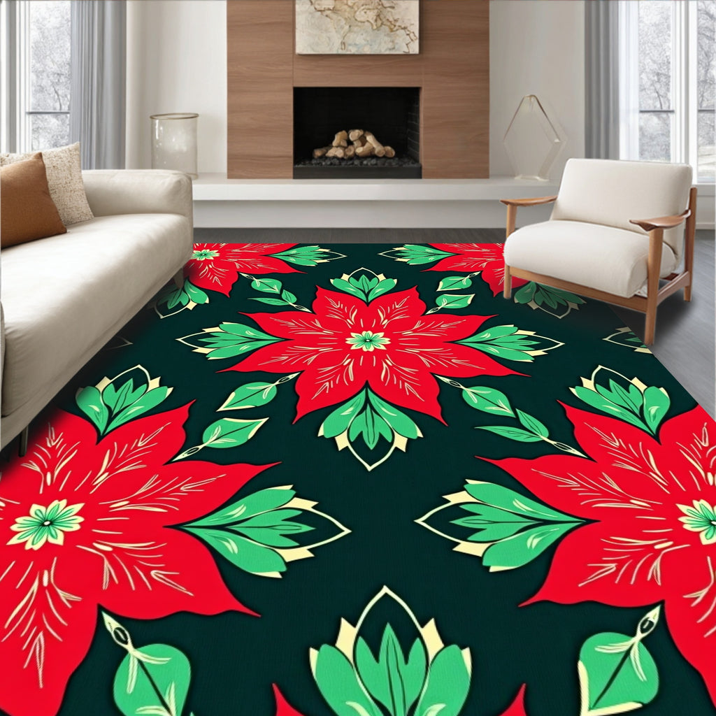 Crimson Poinsettia Garden Floral Rug