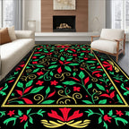 Black Red Green Floral Scroll Rug