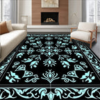 Black Cyan Floral Scroll Medallion Rug