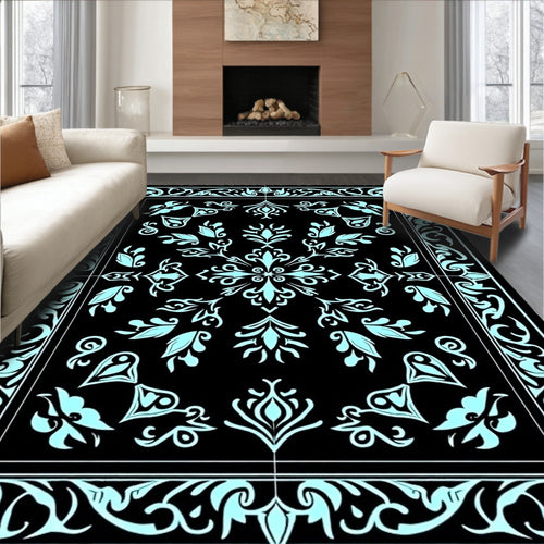 Black Cyan Floral Scroll Medallion Rug