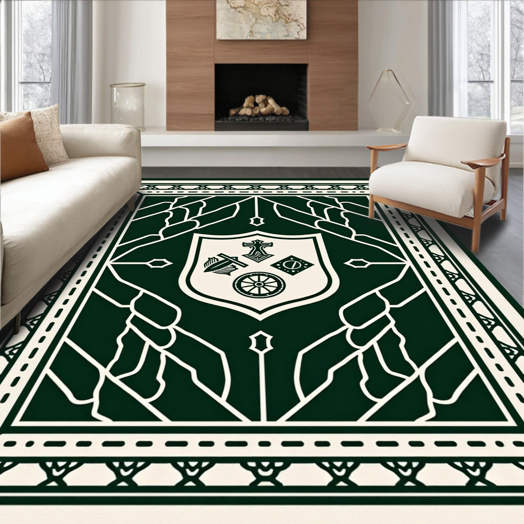 Dark Green Cream Emblematic Geometric Rug