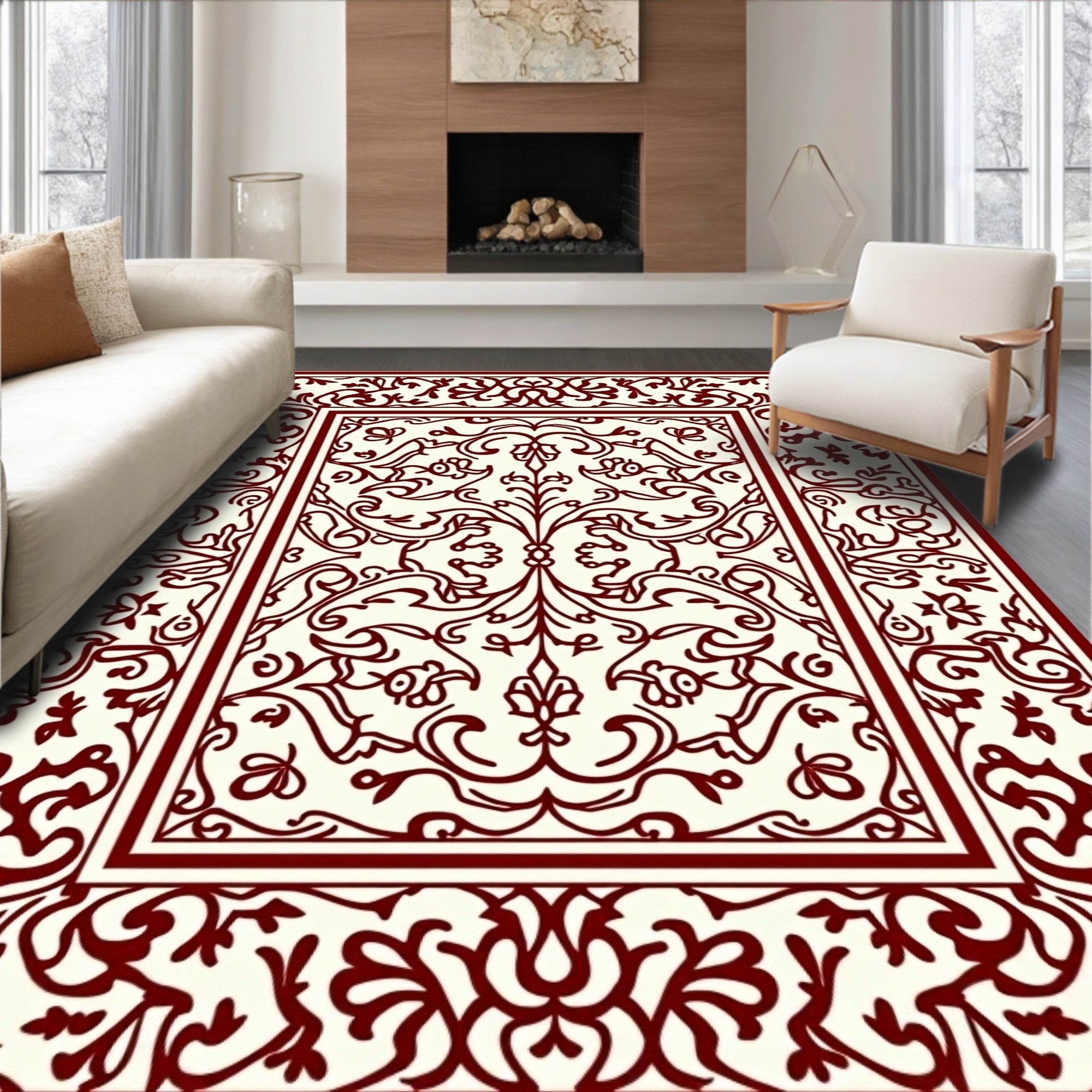Ornate Vine Damask Border Rug